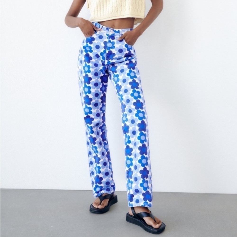 ZARA Blue Daisy Straight Leg Jeans Retro